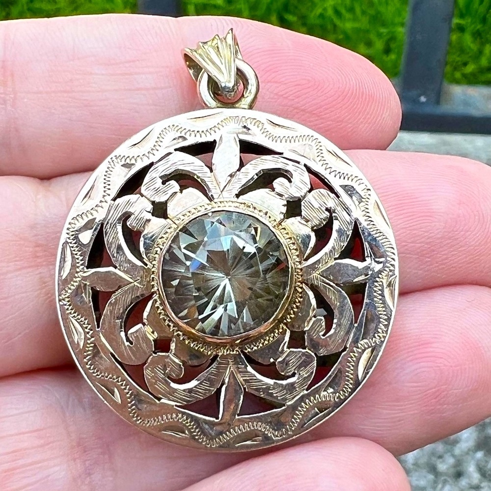 HUGE VINTAGE 14K ROSE GOLD ROUND PRASIOLITE GREEN AMETHYST ORNATE PENDANT HEAVY